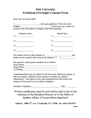 Fisk University Freshman Overnight Consent Form Fisk