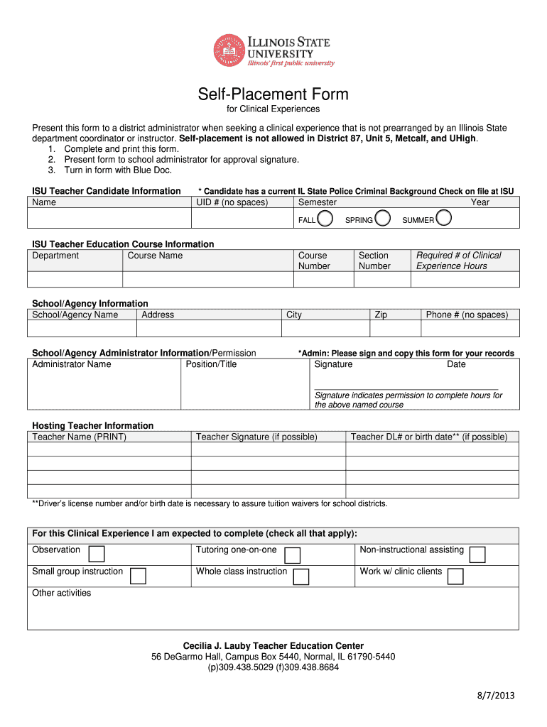 Self Placement Form  College of Education  Illinois State