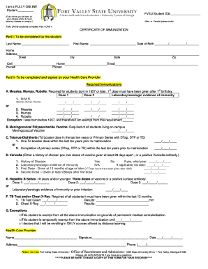 Certificate of Immunization University System of Georgia Fvsu  Form