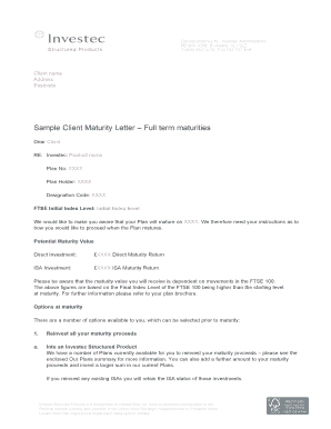 Sample Client Maturity Letter Full Term Maturities Investec  Form