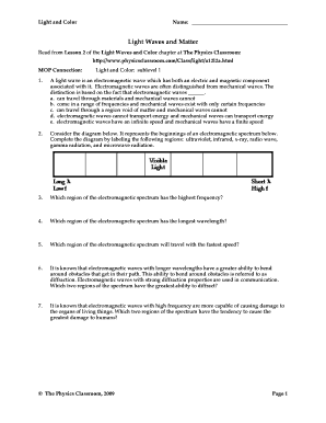 Light Waves and Matter Worksheet Answers  Form