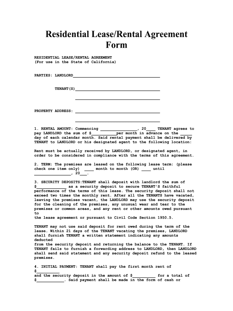 Fillable Online California Standard Residential Lease Agreement  Form