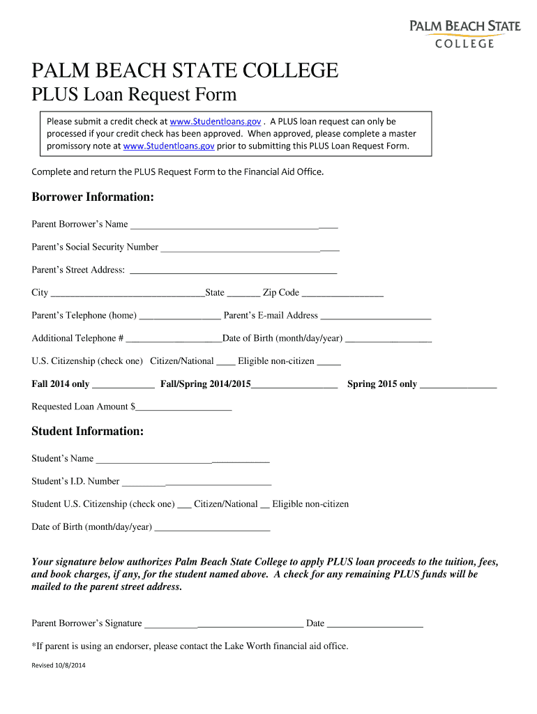  Palm Beach State Plus Loans Form 2014