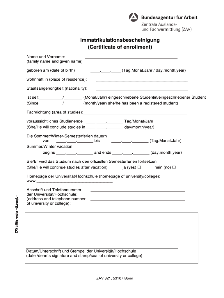 Immatrikulationsbescheinigung PDF  Form