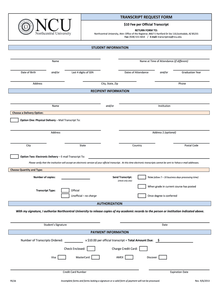  Northcentral University Requesting Electronic Transcript 2013