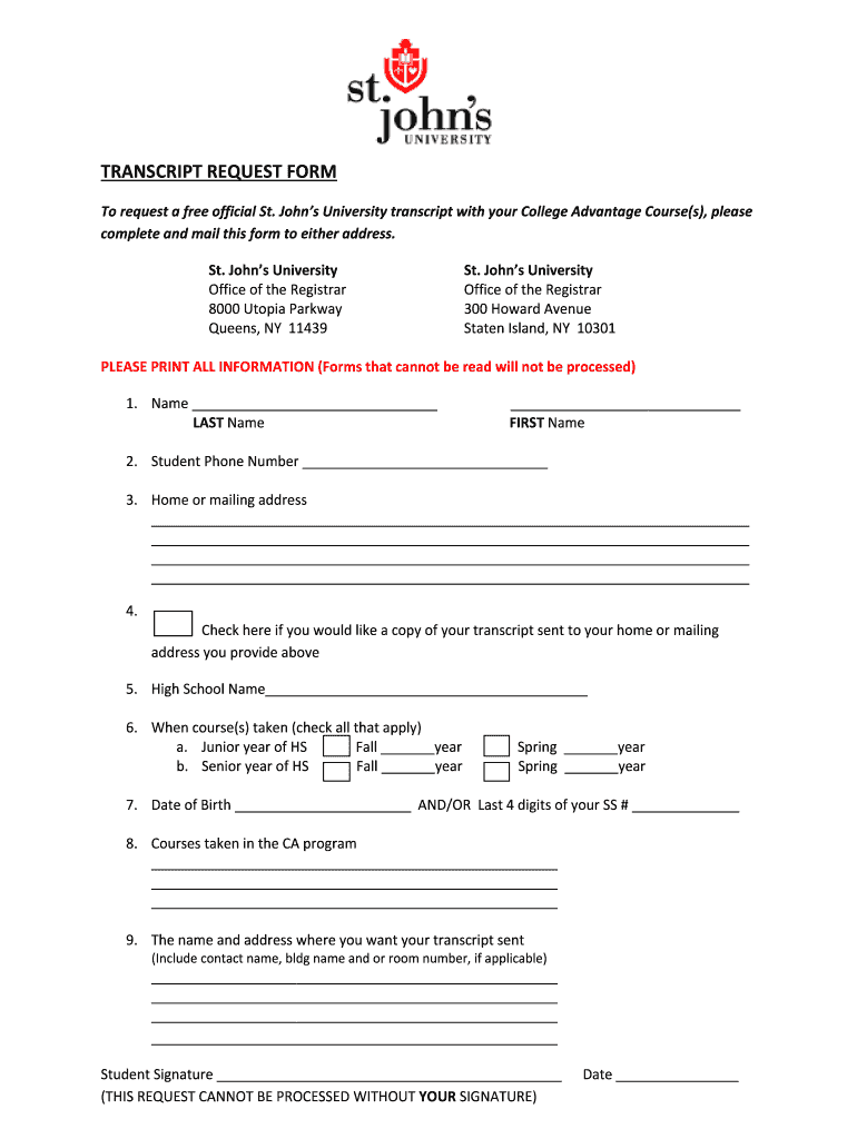 St John's University Transcript Request  Form