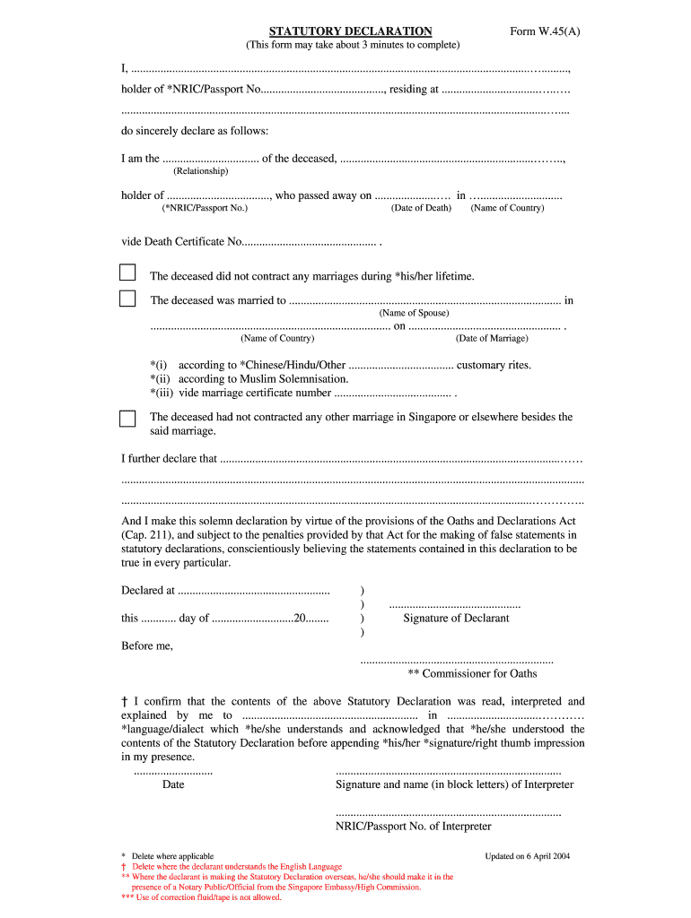  STATUTORY DECLARATION Form W 45A I    Mycpf Cpf Gov 2004-2024