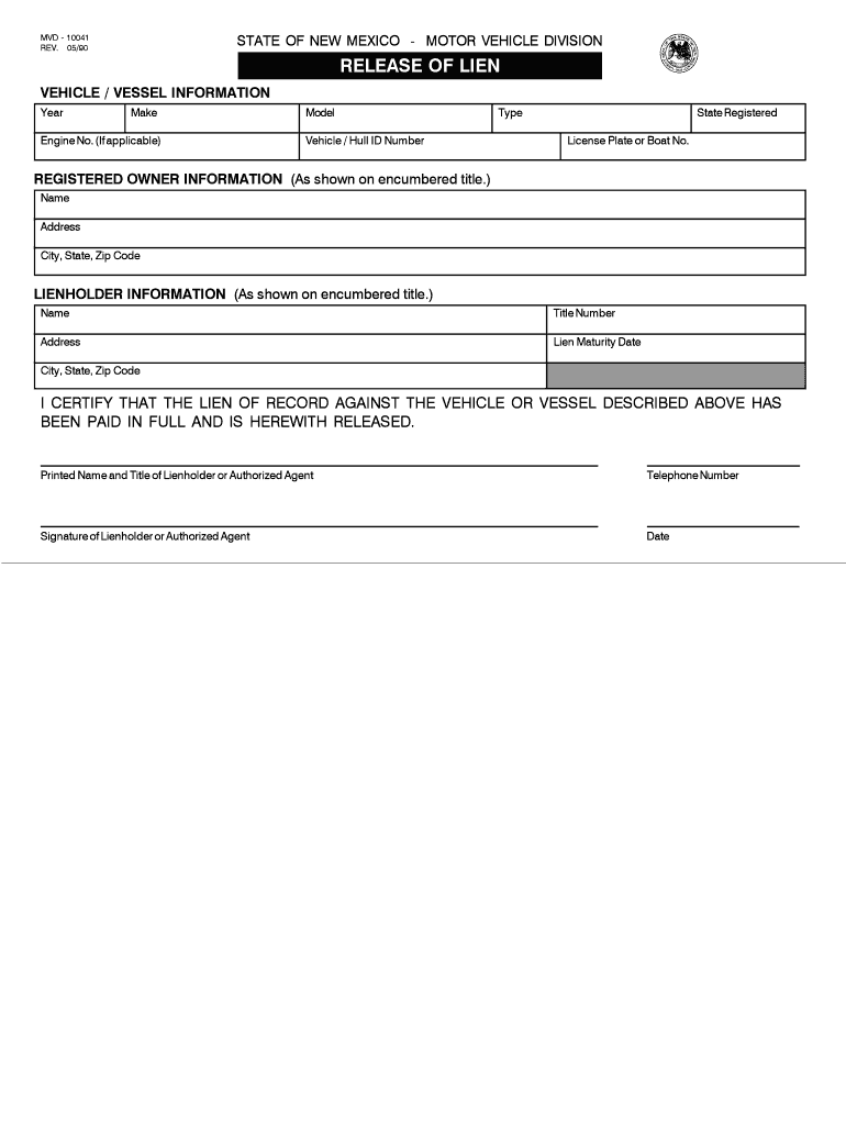 Release of Lien Form New Mexico