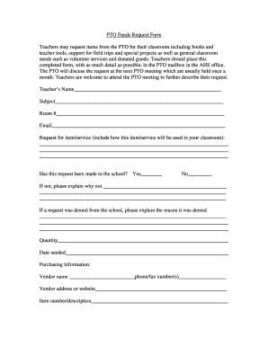 PTO Funds Request Form Teachers May Request Items from the PTO