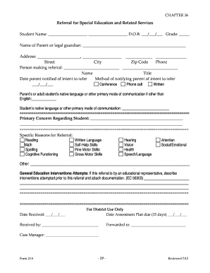 Sample Teacher Referral for Special Education  Form