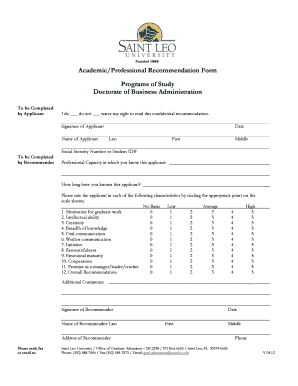  Professional Recommendation Form Saint Leo University 2012