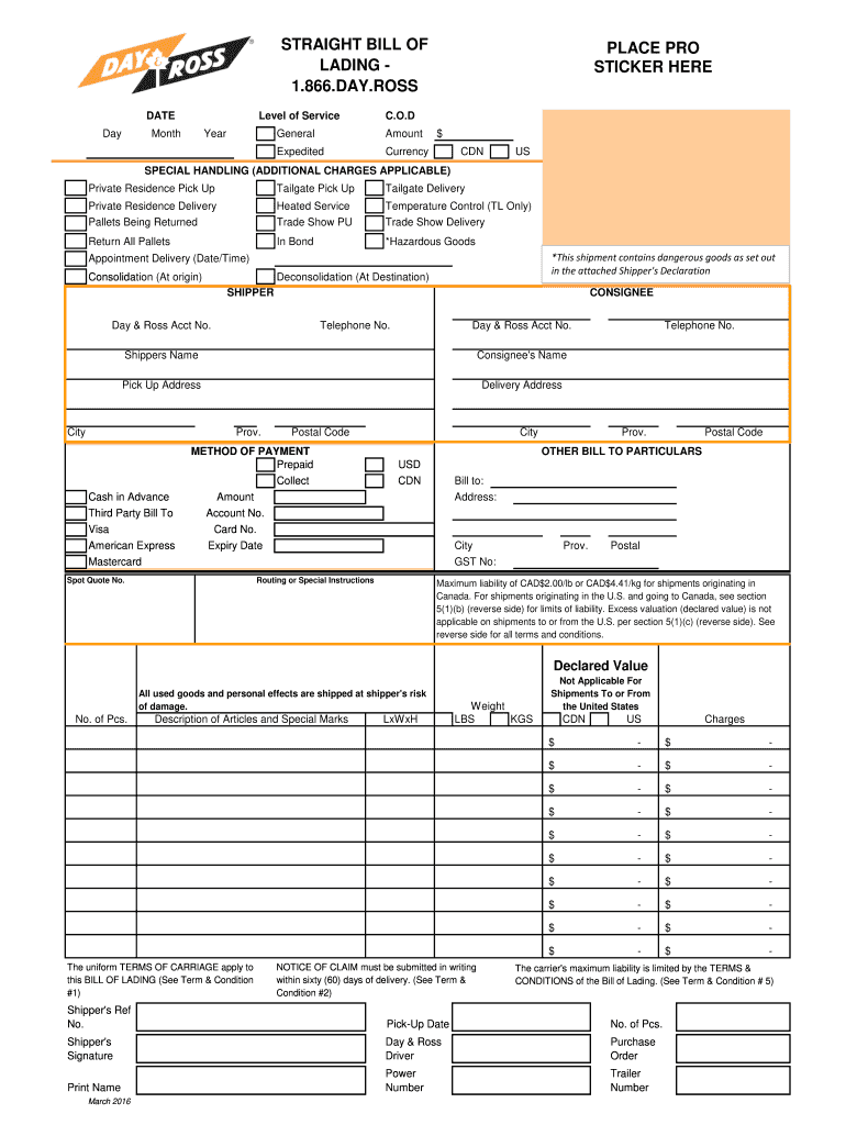 Day and Ross Bill of Lading PDF Form