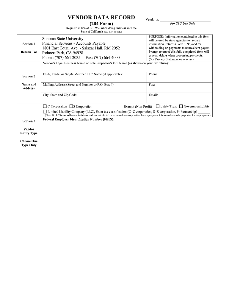  VENDOR DATA RECORD 204 Form  Sonoma State University  Sonoma 2013