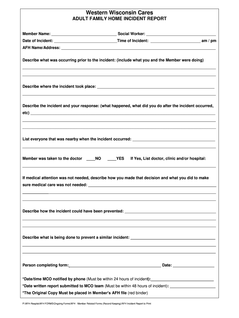 AFH Incident Report Western Wisconsin Cares  Form