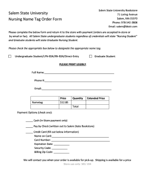 Salem State University Nursing Name Tag Order Form Salemstate