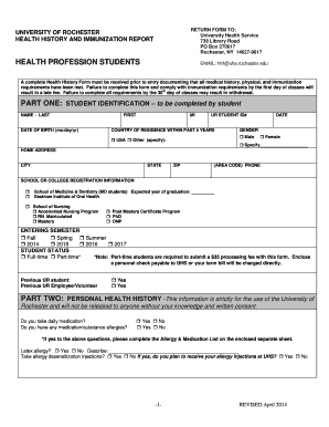 Health History Form University of Rochester