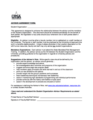 ADVISOR AGREEMENT FORM University of Texas at San Antonio Utsa