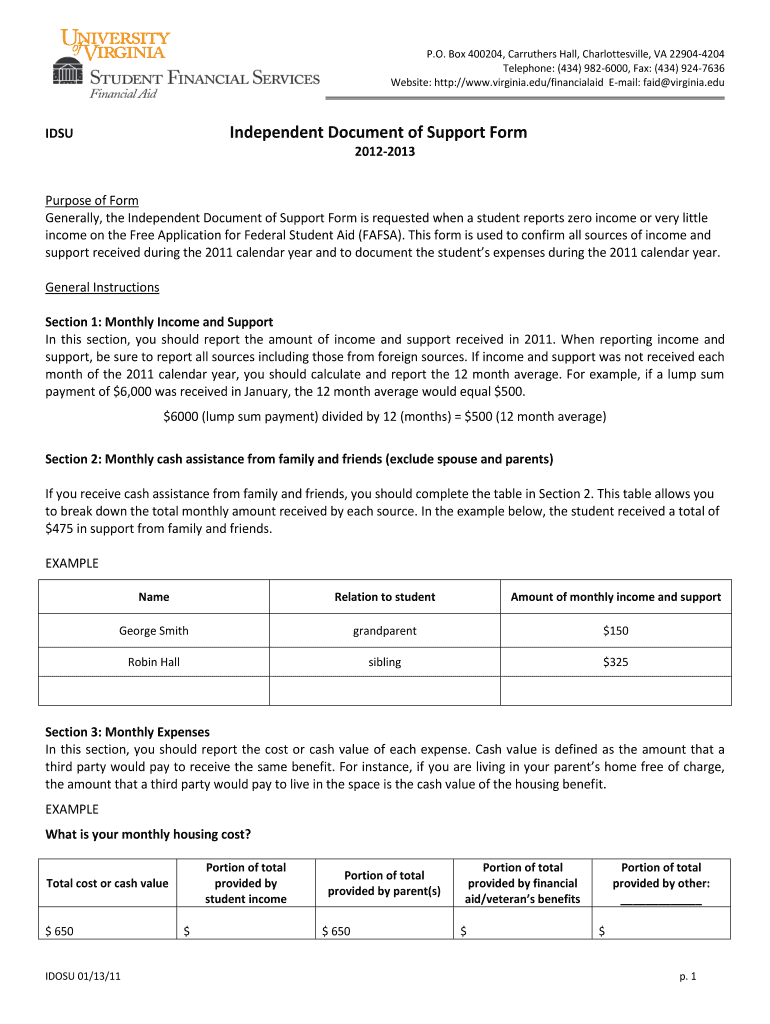  Independent Document of Support Form University of Virginia Virginia 2012-2024