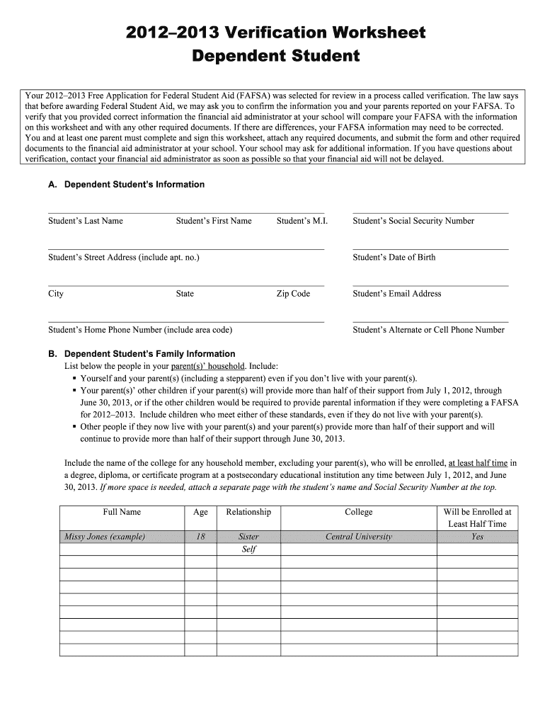  Verification Worksheet Dependent Student Southwestern 2012