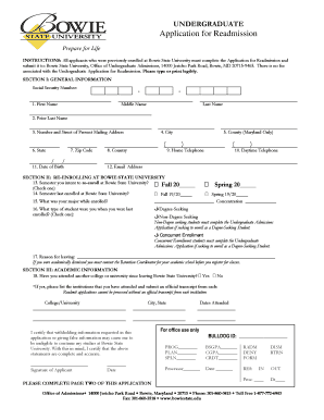 Application for Readmission Bowie State University Bowiestate  Form