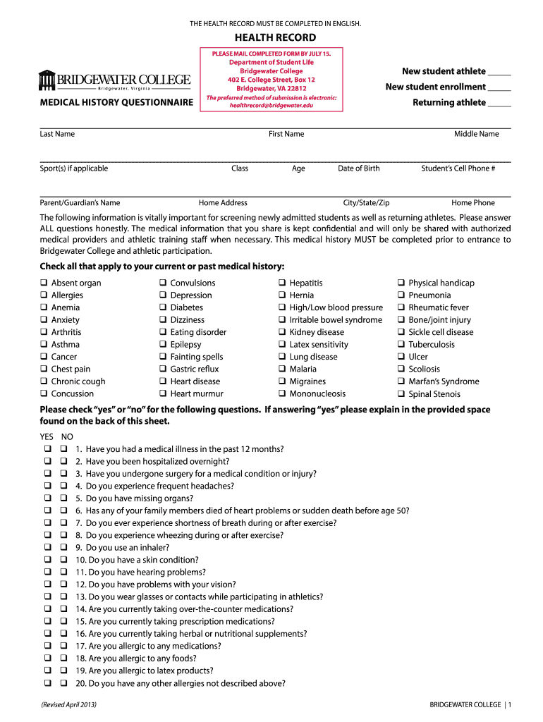  Bridgewater College Physical Form 2013-2024