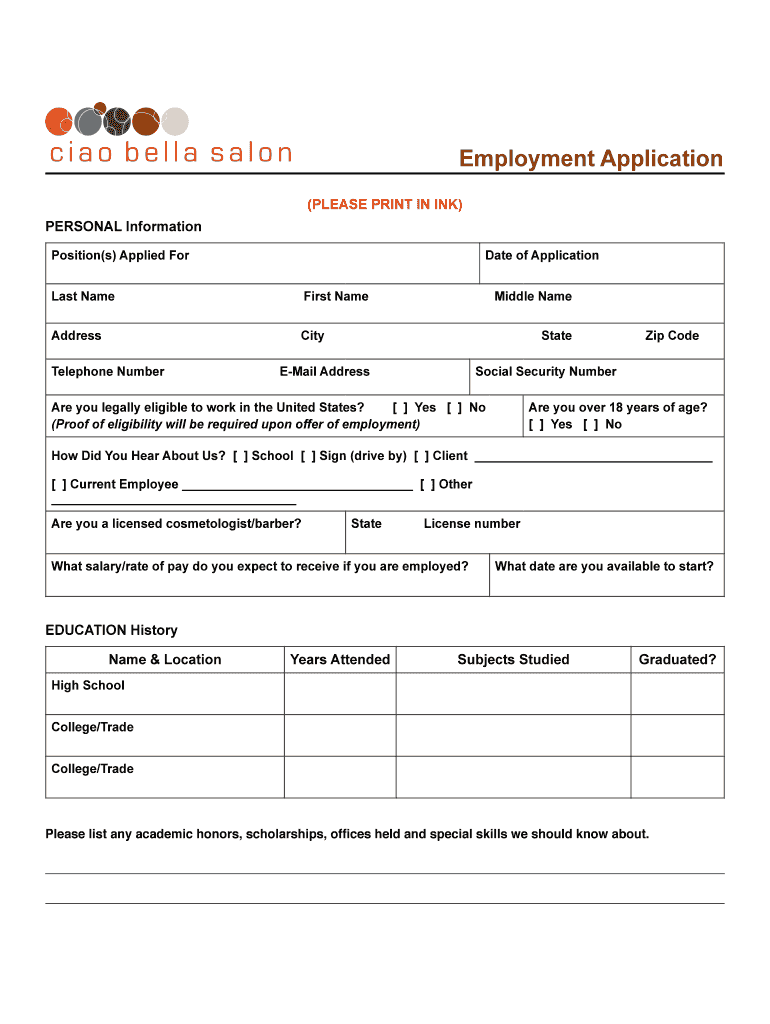 Download an Employment Application Ciao Bella Salon  Form