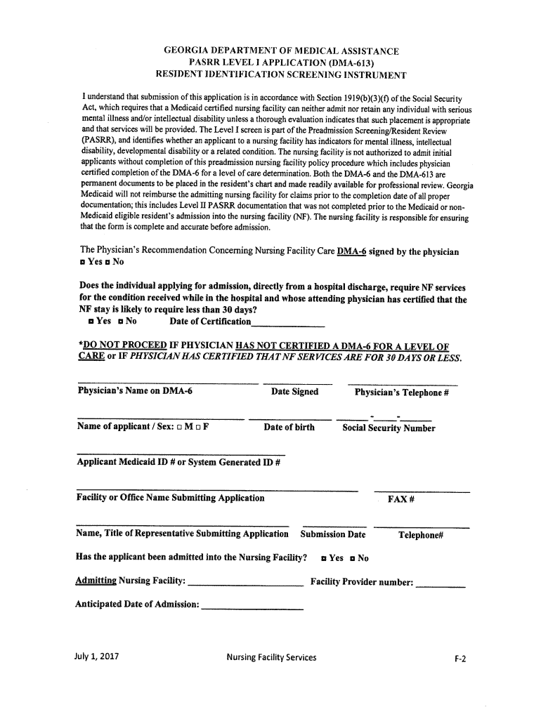  Goergia Passr Level 1 Applicatino Resident Identificaation Screening Instrument 2004-2024