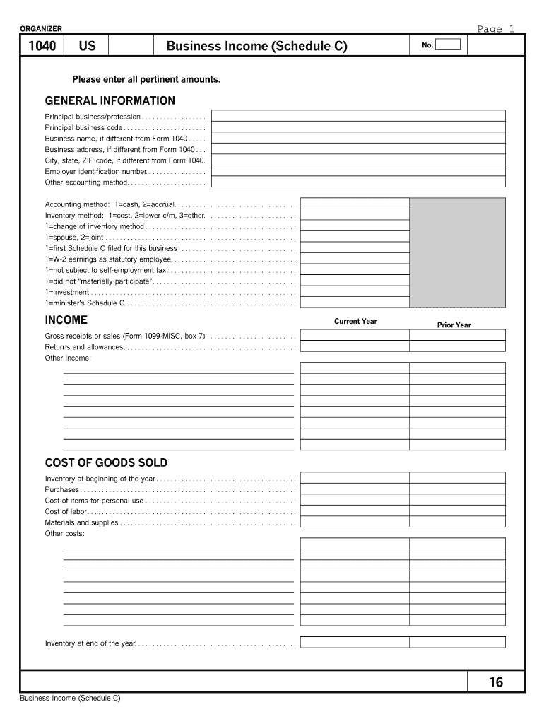 Schedule C Tax Organizer  Form