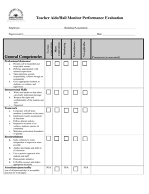 Teacher AideHall Monitor Performance BEvaluation Generalb Bb