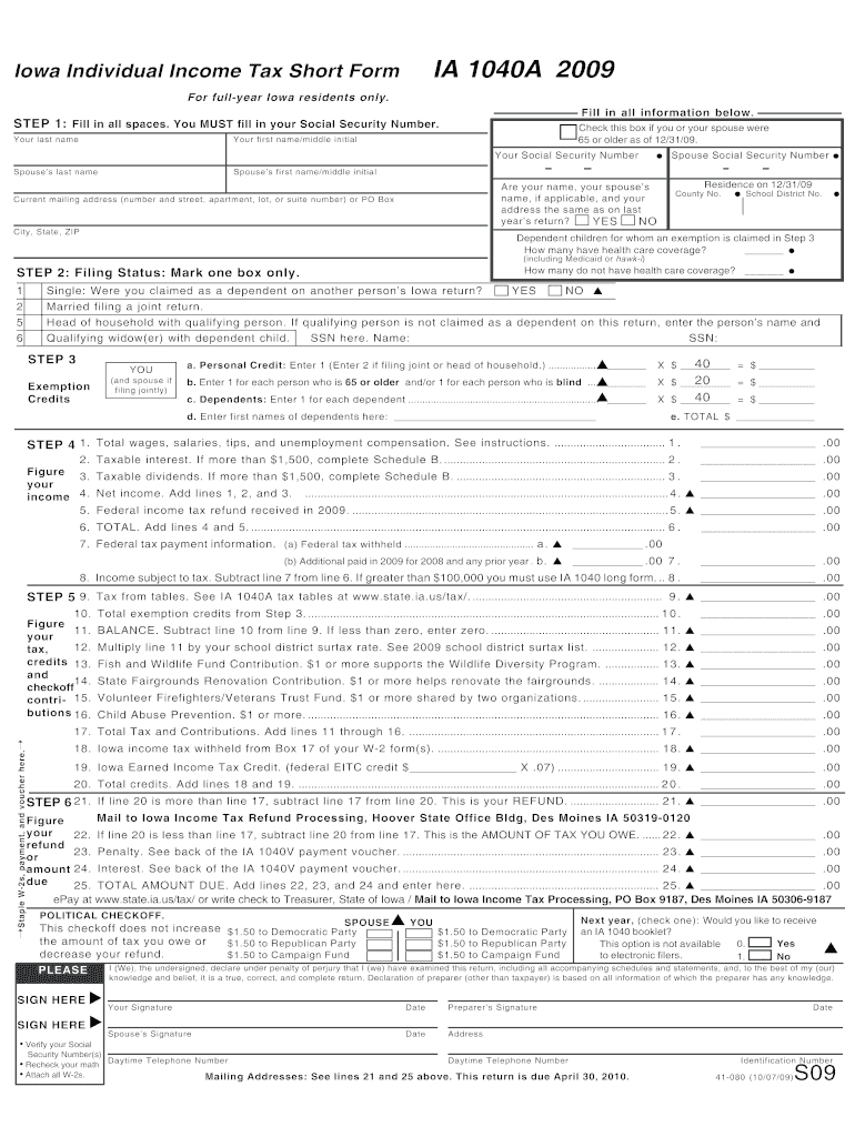  Iowa Individual Income Tax Short Form IA 1040A Mag Tax 2012