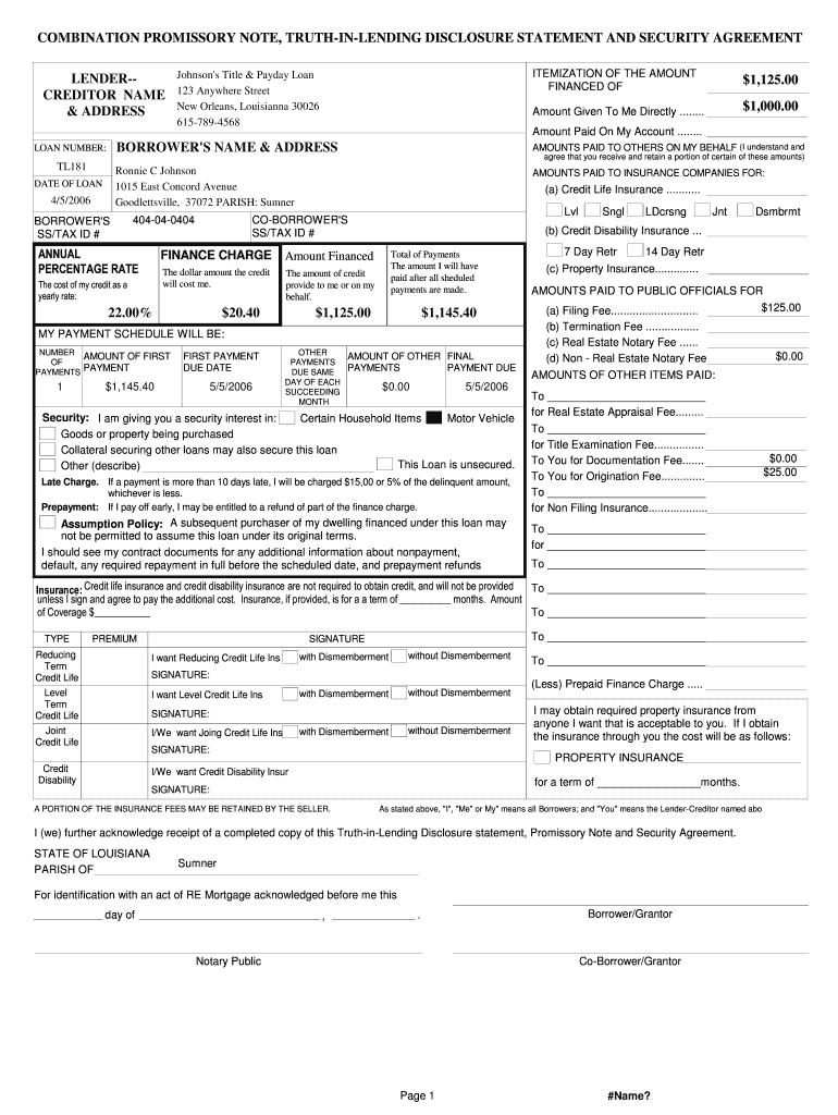 Combination Promissory Note Btruthb in Blending Disclosureb  Form