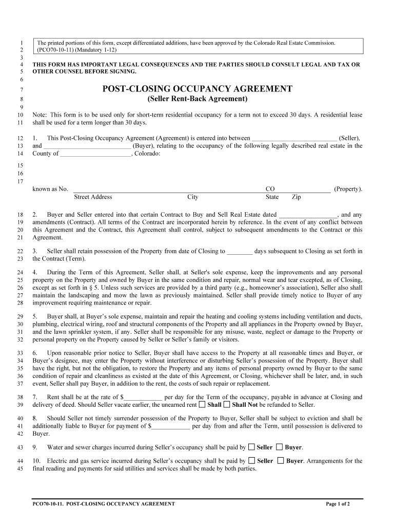  Colorado Post Closing Occupancy Agreement 2012-2024