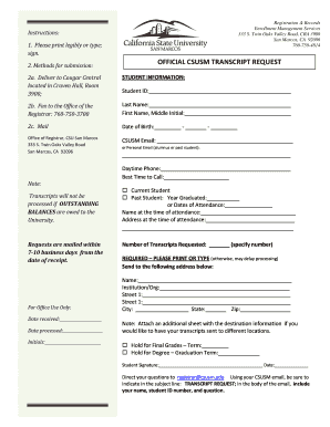 OFFICIAL CSUSM TRANSCRIPT REQUEST California State Csusm  Form