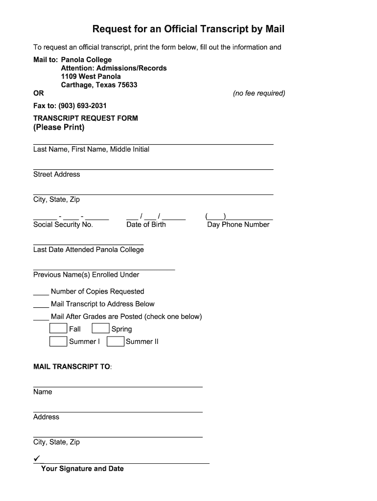 Panola College Transcript Request  Form