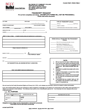 Baltimore City Community College Transcript Request  Form