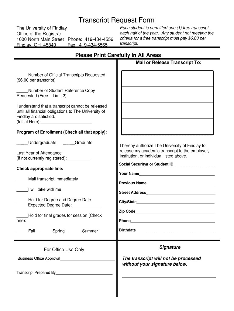University of Findlay Transcript Request  Form