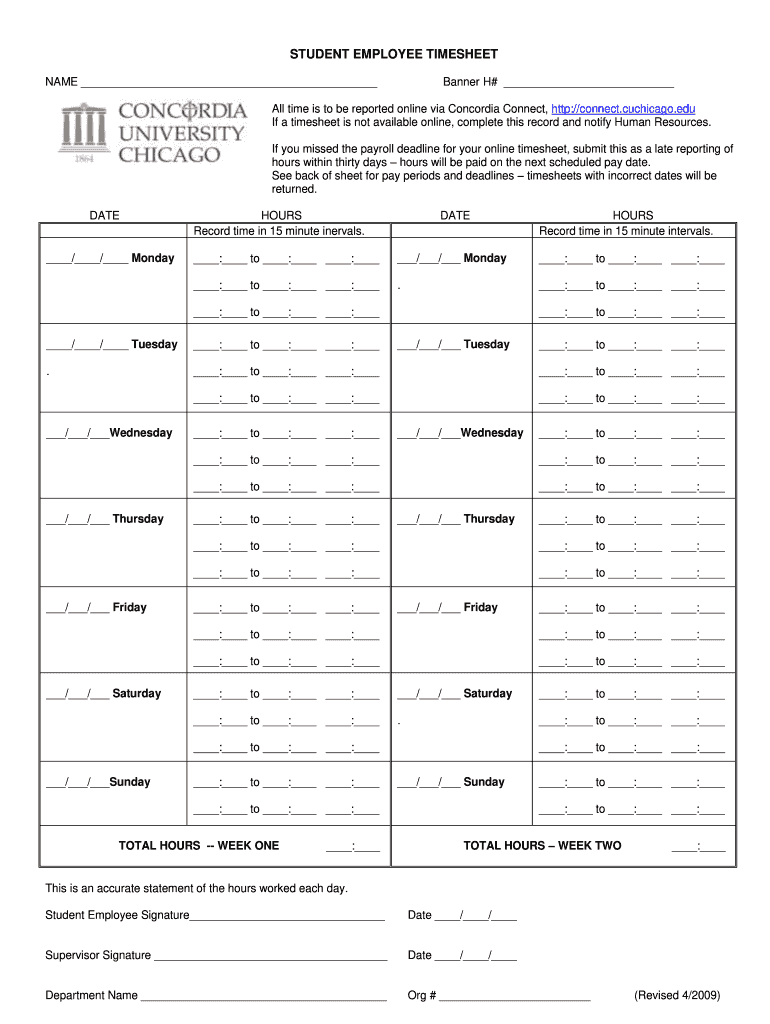  STUDENT EMPLOYEE TIMESHEET Concordia University Chicago Cuchicago 2009-2024