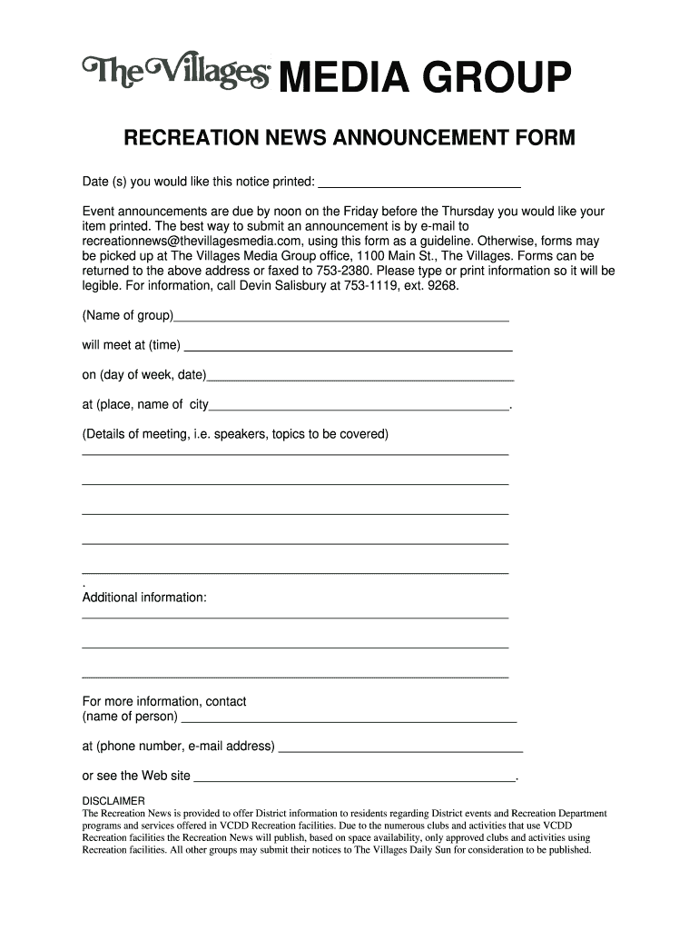 Media Group Recreation News Announcement Form  Districtgov
