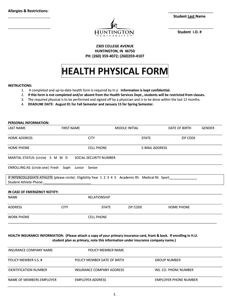 pdfFiller Huntington University Physical Form
