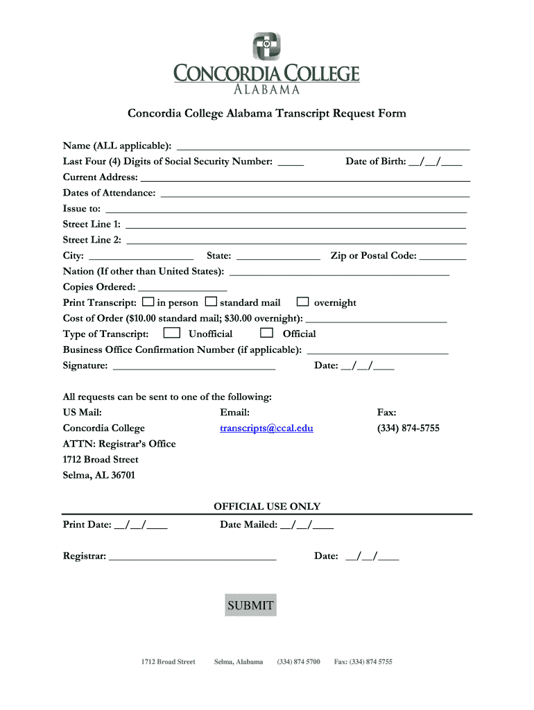 Concordia College Alabama Transcript Request  Form