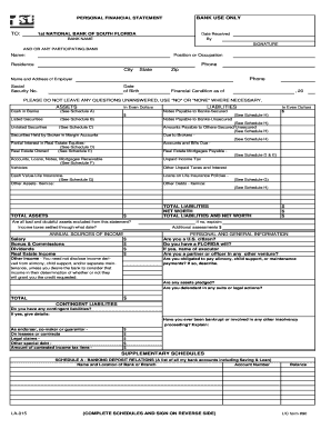 Blank Personal Financial Statement 1st National Bank of South  Form