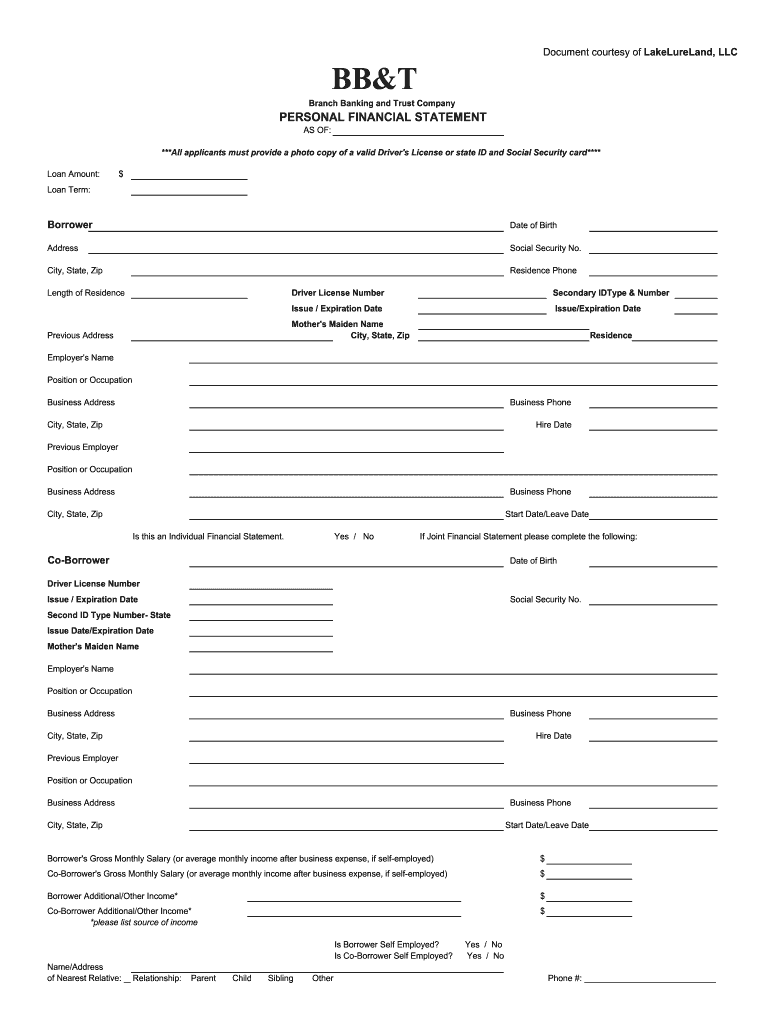 Bbt Personal Financial Statement Form