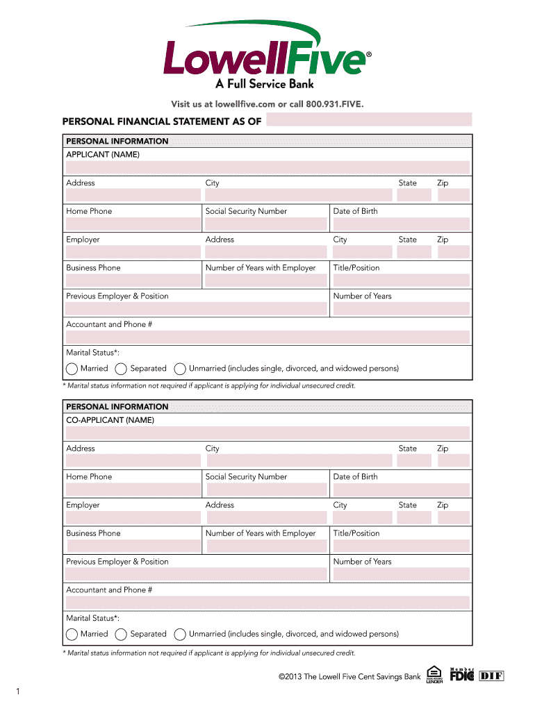 PERSONAL FINANCIAL STATEMENT as of  Lowell Five  Form