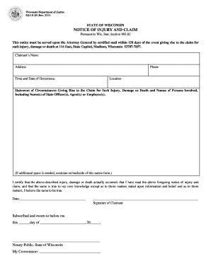 Notice of Injury and Claim Form Wisconsin Department of Justice Doj State Wi
