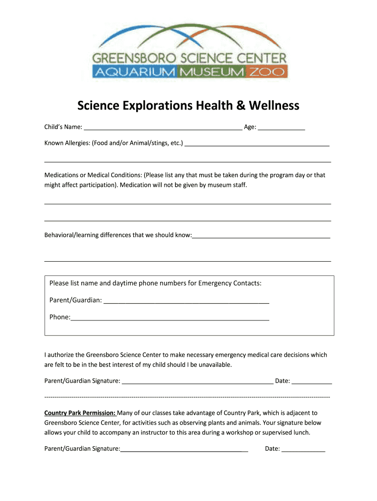 Health & Wellness Form  Greensboro Science Center