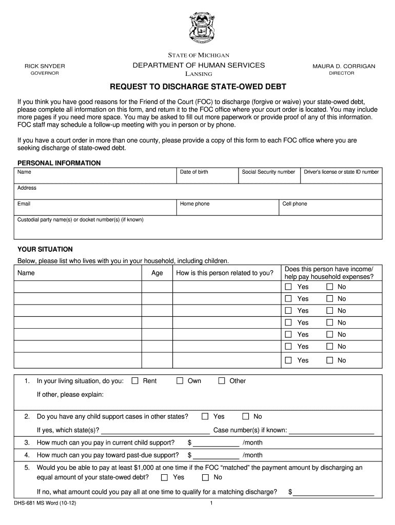  Request to Discharge State Owed Debt Form 2012