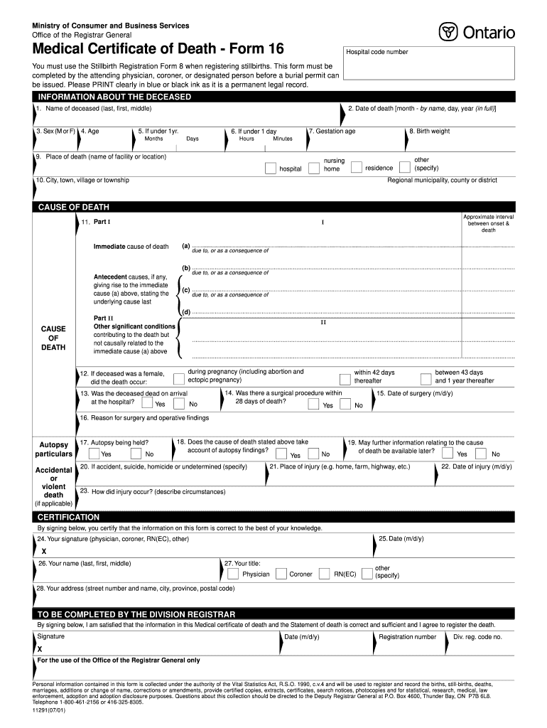 Medical Certificate of Death Form 16