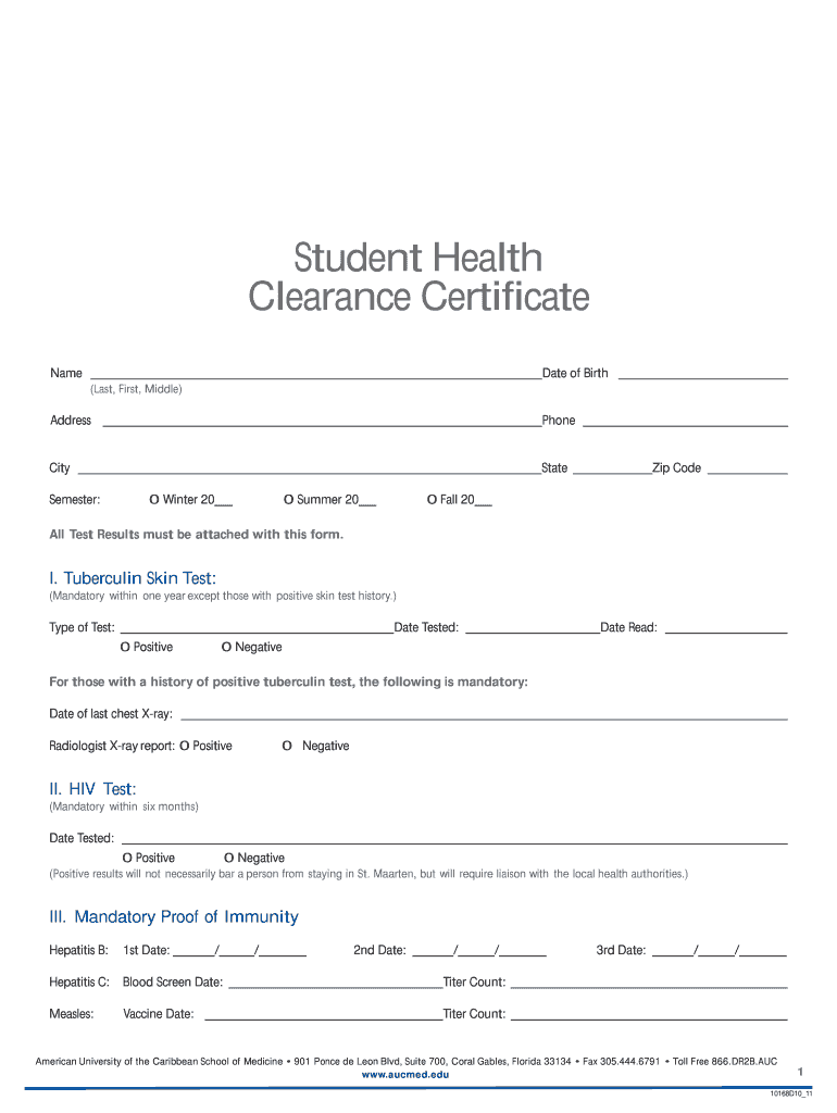 Health Certificate Form for Students