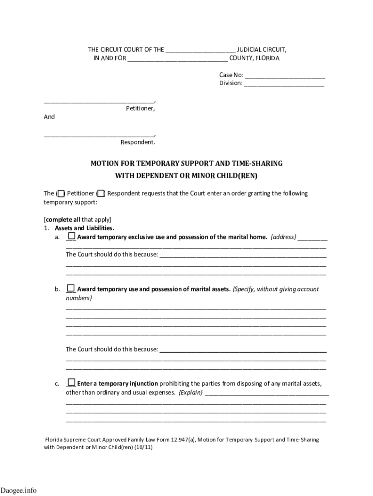  Florida Supreme Court Approved Family Law Form 12 947a, Motion for Temporary Support and Time Sharing with Dependent or Minor 2011