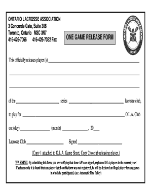 OLA One Game Release Form Ontario Lacrosse Association